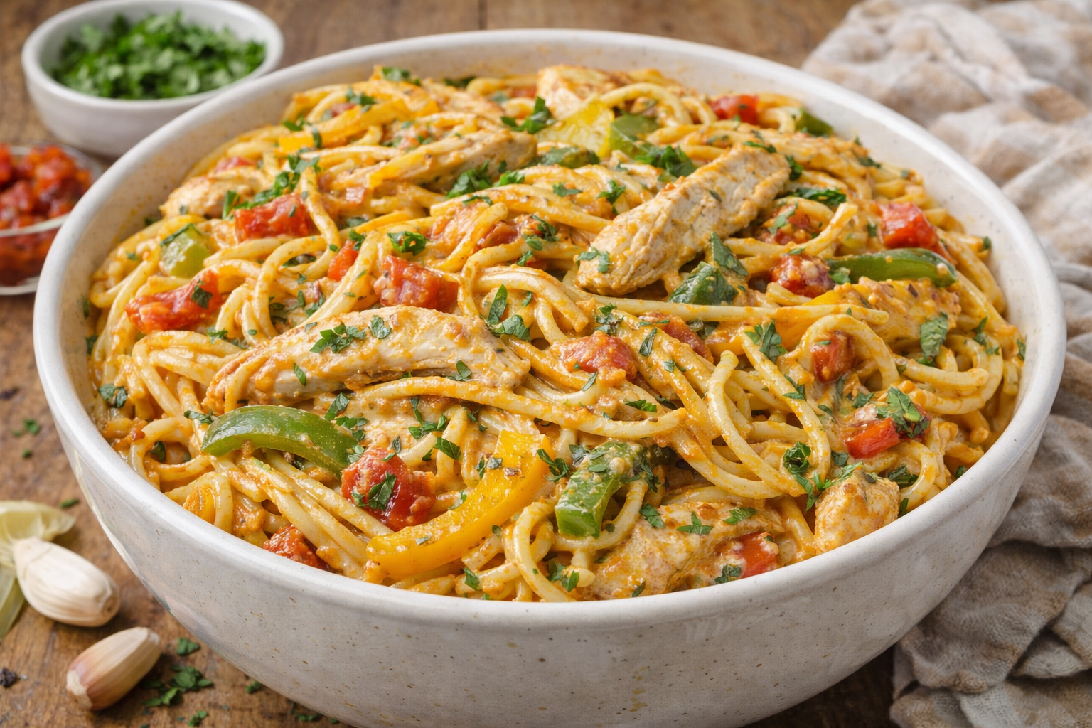 Spaghetti with Chicken and Peppers